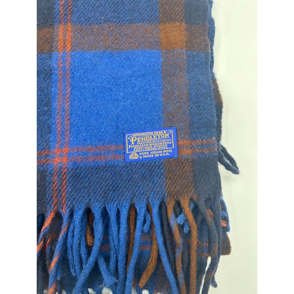 Vintage Pendleton Wool Fringe Tartan Plaid Blue 62x50 Blanket Flawed - Picture 3 of 5